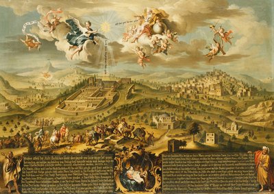 A View of Bethlehem with the Journey of the Magi, the Trinity Above and the Nativity in a Painted Cartouche Below by Joseph Stephan
