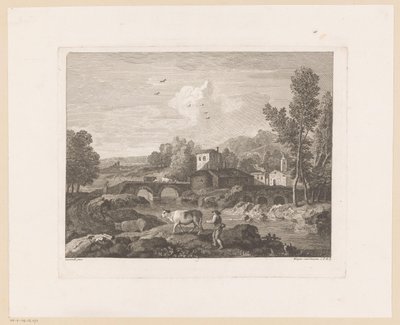 River Landscape with Shepherd and Cows on Bridge by Joseph Wagner