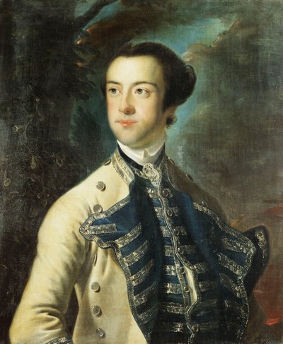 Portrait of Thomas Hanway, Half Length, in a Beige Coat with Blue and Silver Facings, and a Blue and Silver Waistcoat, Holding a Hat Under His Arm, in a Landscape by Joseph Wright of Derby