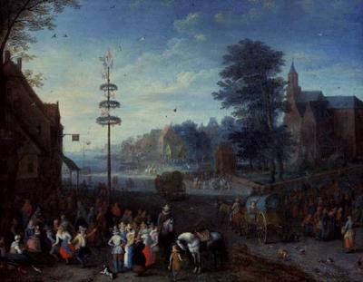 Village Kermesse with Villagers Dancing Round a Maypole and Travellers on a Road by Joseph van Bredael