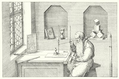 German goldsmith, artist and etcher Wenzel Jamnitzer in his studio by Jost (after) Amman