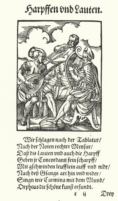 Harpist and Lute Player by Jost (after) Amman