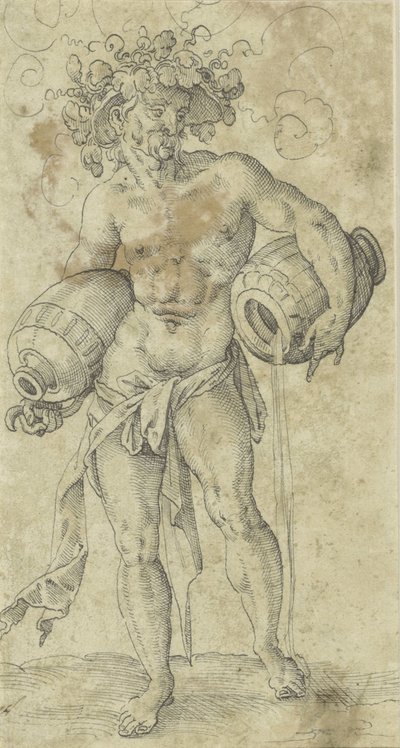 Naked Man with a Hat Wreathed in Vine Leaves by Jost Amman (possibly)