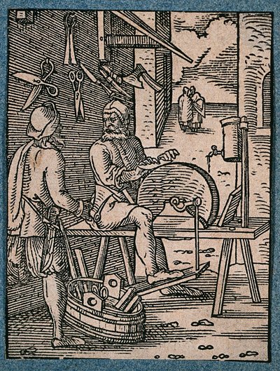 A Knife-Grinder Sharpening a Blade on a Grinding Wheel as a Customer Arrives with a Plane to be Sharpened by Jost Amman