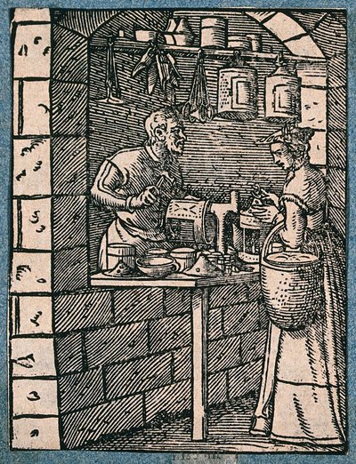 A Lantern Maker Working at His Bench, Talking to a Woman Customer Who Inspects a Finished Lantern by Jost Amman