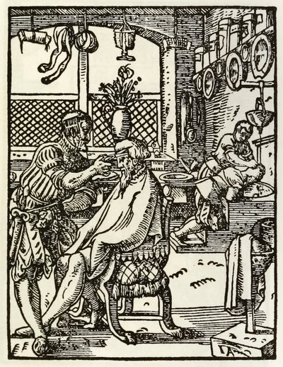 The Barbers from a series depicting occupations and trades first published in Das Ständebuch 1568 in Frankfurt, Germany by Jost Amman