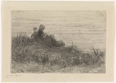 Dune Landscape with Mother and Children by Jozef Israëls (signed by artist)