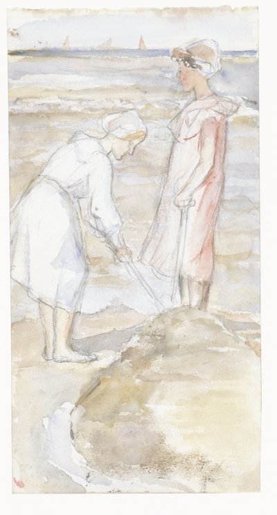 Two Girls in Pink and White on the Beach by Jozef Israëls