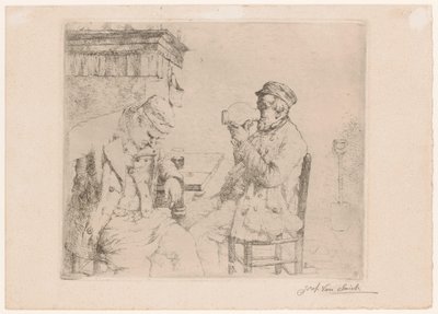 Two Drinking Men at a Table by a Fireplace by Jozef van Snick