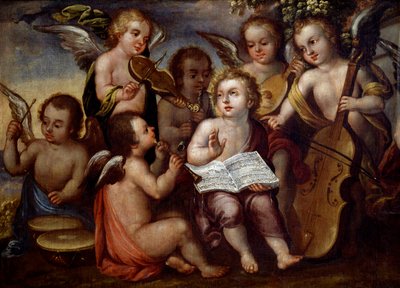 Baby Jesus with angels playing musical instruments by Juan Correa