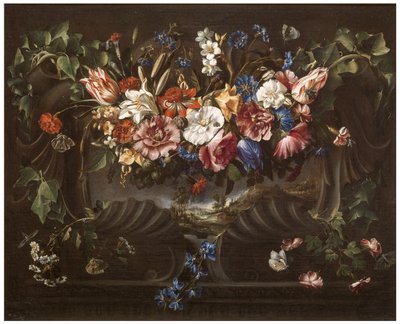 Garland of Flowers with a Landscape by Juan de Arellano