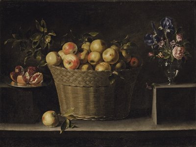 Apples in a wicker basket, a pomegranate on a silver plate and flowers in a glass vase by Juan de Zurbaran