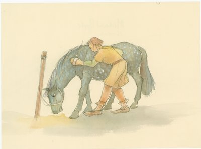 A Medieval Groom Brushing a Horse by Judith Dobie