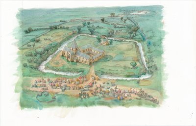 A Reconstruction Painting Showing an Oblique View of Latton Priory as it May Have Appeared in the Late 12th Century by Judith Dobie