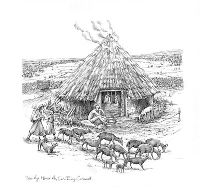 Farmers and a Herd of Goats Outside Iron Age Roundhouse by Judith Dobie
