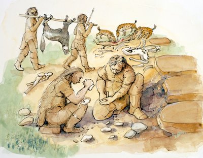 Hominids and Hyenas, Upper Paleolithic, c. 1990-2010 by Judith Dobie