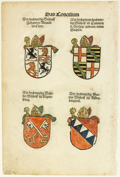 Coats of Arms of Bishops (recto and verso) from Das Concilium so zu Constantz, plate 26 from Woodcuts from Books of the XVI Century by Jörg Breu the Elder