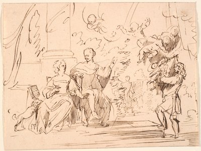 Gentleman and Lady Sitting on a Terrace; from the Right Approaches a Man and in the Air Four Genii Hover by Jürgen Ovens
