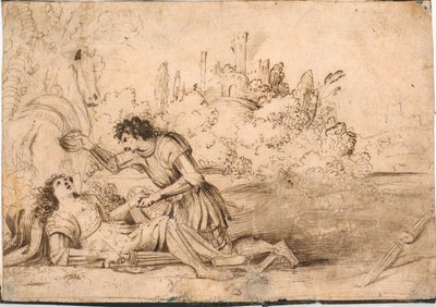 Kneeling Knight Tending to a Fallen Knight, Wounded in a Tournament; a Horse Seen from Behind to the Left, a Castle Ruin on a Hill in the Background by Jürgen Ovens