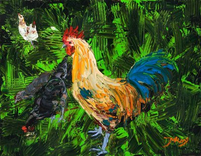 Colorful Rooster and Hens by Jukyong Park