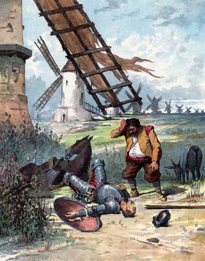 Don Quixote has fought with windmills and fallen form his horse, Sancho Panza looking at his master, illustration of book by Miguel de Cervantes "Histoire de Don Quichotte", engraving after Jules David by Jules (after) David