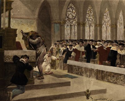 A Cordelier, trying to take off his dawn, shows his back at a mass for the Court before Panurge