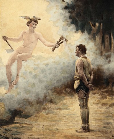 Mercury Tending Three Axes to Couillatris. Pantagruel. Illustration by Jules Garnier. In 