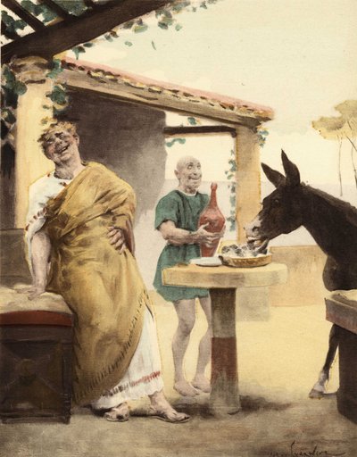 Philomenes Dying to Laugh at the Sight of Sycophagus Donkey Eating Figs While a Valet Brings Wine into an Amphora. Pantagruel. Illustration by Jules Garnier. In 