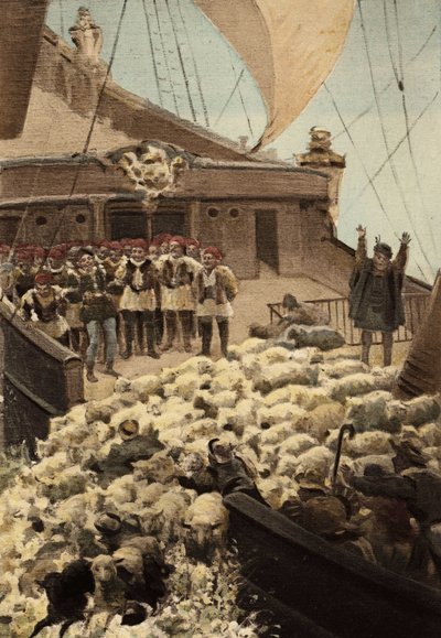 Sheep of Panurge: On the Boat of Dindenaut, Sheep and Merchants Throwing Themselves into the Sea. Pantagruel. Illustration by Jules Garnier. Rabelais and the Work of Jules Garnier by Jules Arsene Garnier