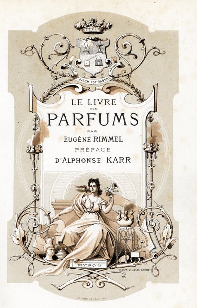 Title page with a coat of arms and a woman holding a rose, sitting on a throne - Illustration by Jules Cheret from Le Livre des Parfums by Eugene Rimmel, France by Jules Cheret
