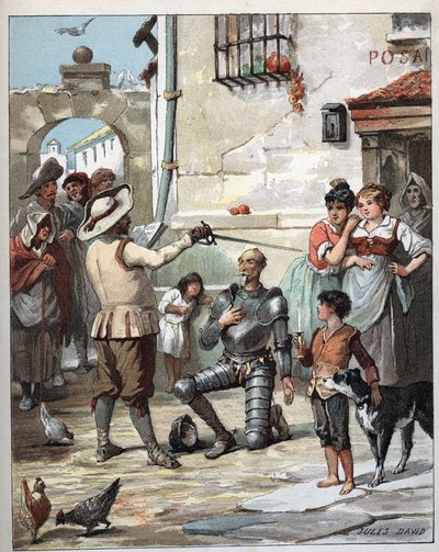Outside an inn, Don Quixote becoming knight - Illustration of Jules David (1808-1892) from Histoire de Don Quixote (Don Quixote) - 1887 - by Miguel de Cervantes Saavedra (1547-1616) by Jules David