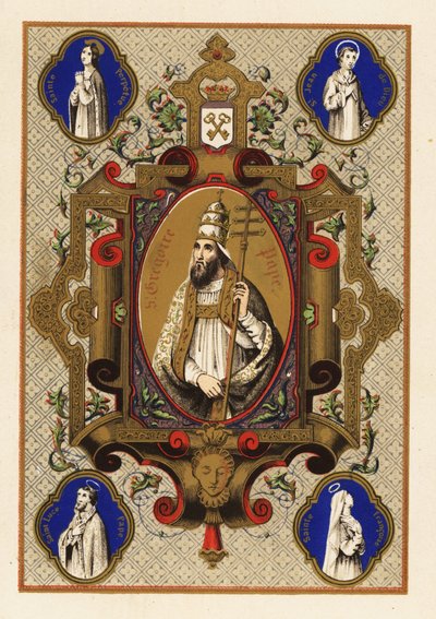 Portrait of Saint Gregory, Pope Gregory I, with triregnum or triple crown, and Papal ferula, within a decorative border by Jules Desportes
