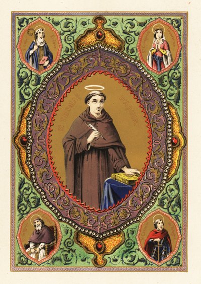 Portrait of Saint Thomas Aquinas, with Halo, Quill Pen and Bible, in a Decorative Border of Foliage and Gilt by Jules Desportes