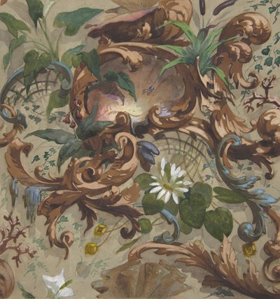 Design for wallpaper featuring shells, waterlilies, and cattails, 1830-97 by Jules Edmond Charles Lachaise and Eugène Pierre Gourdet