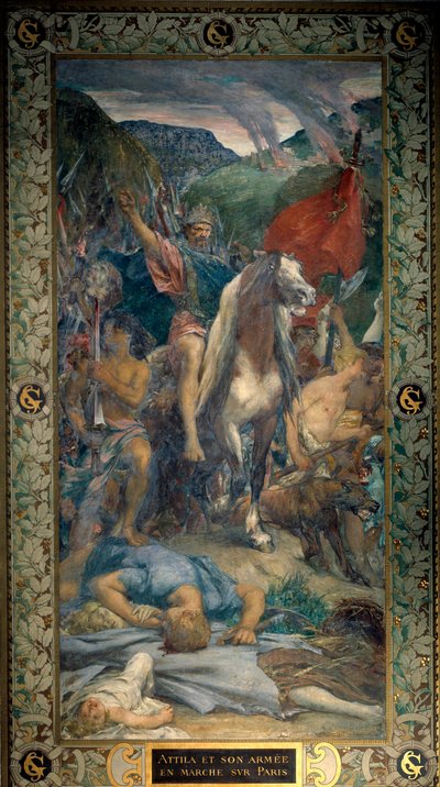 Attila, King of the Huns, and His Army of Barbarians Walking on Paris in 450 by Jules Elie Delaunay