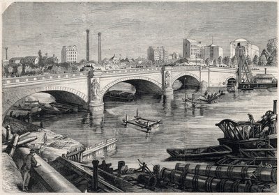 Transformations of Paris under the Second Empire, Haussmann Paris: works undertaken in front of the bridge of the Alma in Paris for the passage of the collector sewer at the bottom of the Seine. Drawing by Jules Pelcoq. Engraving in 