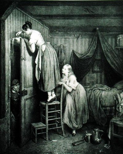 The Nosy Parker Punished, engraved by Alphonse Leon Noel by Julien (after) Vallou de Villeneuve