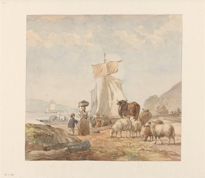 Figures with Cattle by Riverbank with Ferry by Julius Jacobus van de Sande Bakhuyzen