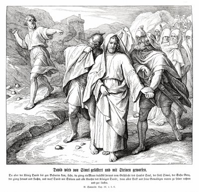 Shimei curses and throws stones at David, 2 Samuel by Julius Schnorr von Carolsfeld