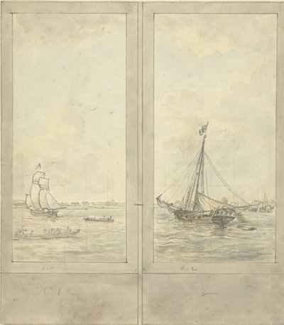 Design for Two Wallpaper Panels: River with Ships in the Netherlands by Jurriaan Andriessen