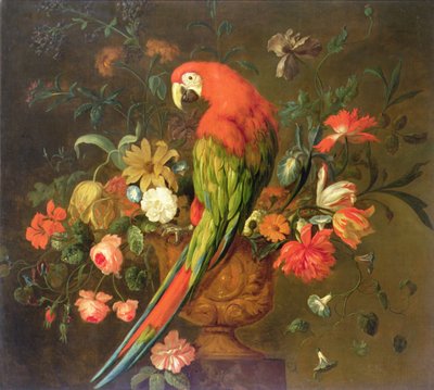 Scarlet Macaw Perched on a Sculpted Urn with Flowers by Justus van Huysum