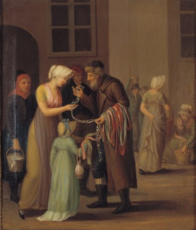 Street Scene in Copenhagen around 1800. The Whip-Band Jew Selling a Lace to a Young Girl by KMS 3007 Ubekendt