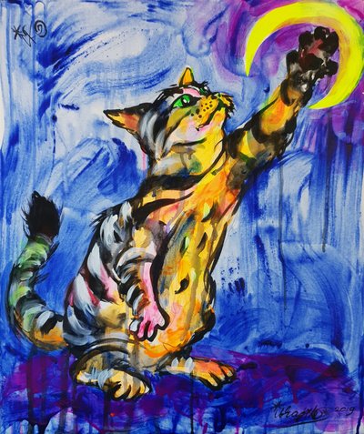 Colorful Cat Reaching Moon by Kanat Ibragimov