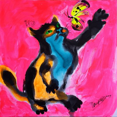 Vibrant Cat Chasing Butterfly by Kanat Ibragimov