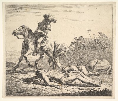Battlefield with Horseman Looking Over His Left Shoulder Toward Stripped Corpse by Karel Du Jardin