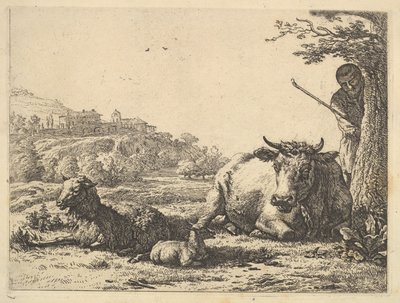 Cow, Adult Sheep, and Young Sheep Lying in the Grass, with a Shepherd by Karel Du Jardin