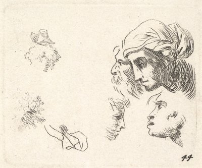 Study of Heads in Profile View, a Woman with Headcloth and Bearded Man Whose Heads ..., ca. 1641-78 by Karel Du Jardin