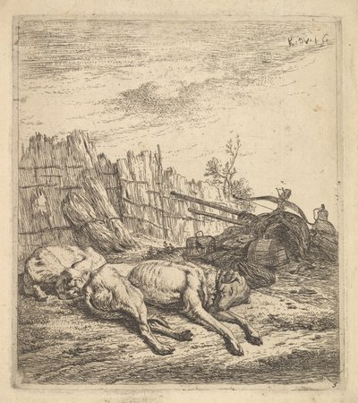Two Dogs Sleeping on the Ground, a Plough, Farm Equipment, Bunches of Straw by Karel Du Jardin