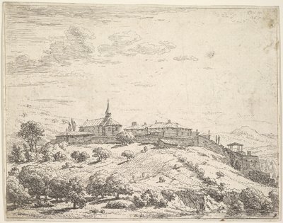 Walled village on a hill, with church at left and buildings constructed on the downslope by Karel Du Jardin