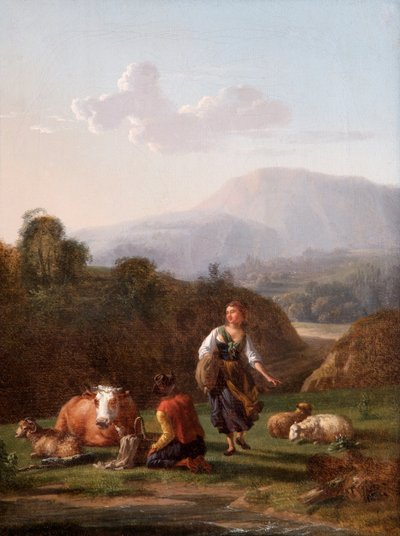 The River Bank: Landscape with Figures and Cattle by Karel Dujardin